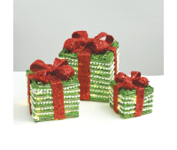 LED коледна декорация ACA LIGHTING X1190114 LED 3 GREEN RATTAN GIFT BOX, RED BOW 4,05W 3000K LED 3 x 3 AA 